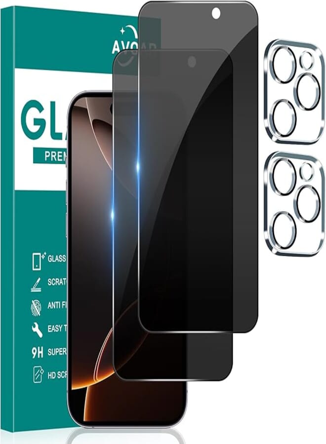 [2+2 Pack Privacy Screen Protector for iPhone 16 Pro Max with Camera Lens Protector, 6.9 Inch Tempered Full Screen Glass Accessories, Anti-Spy, Bubble Free, Case Friendly